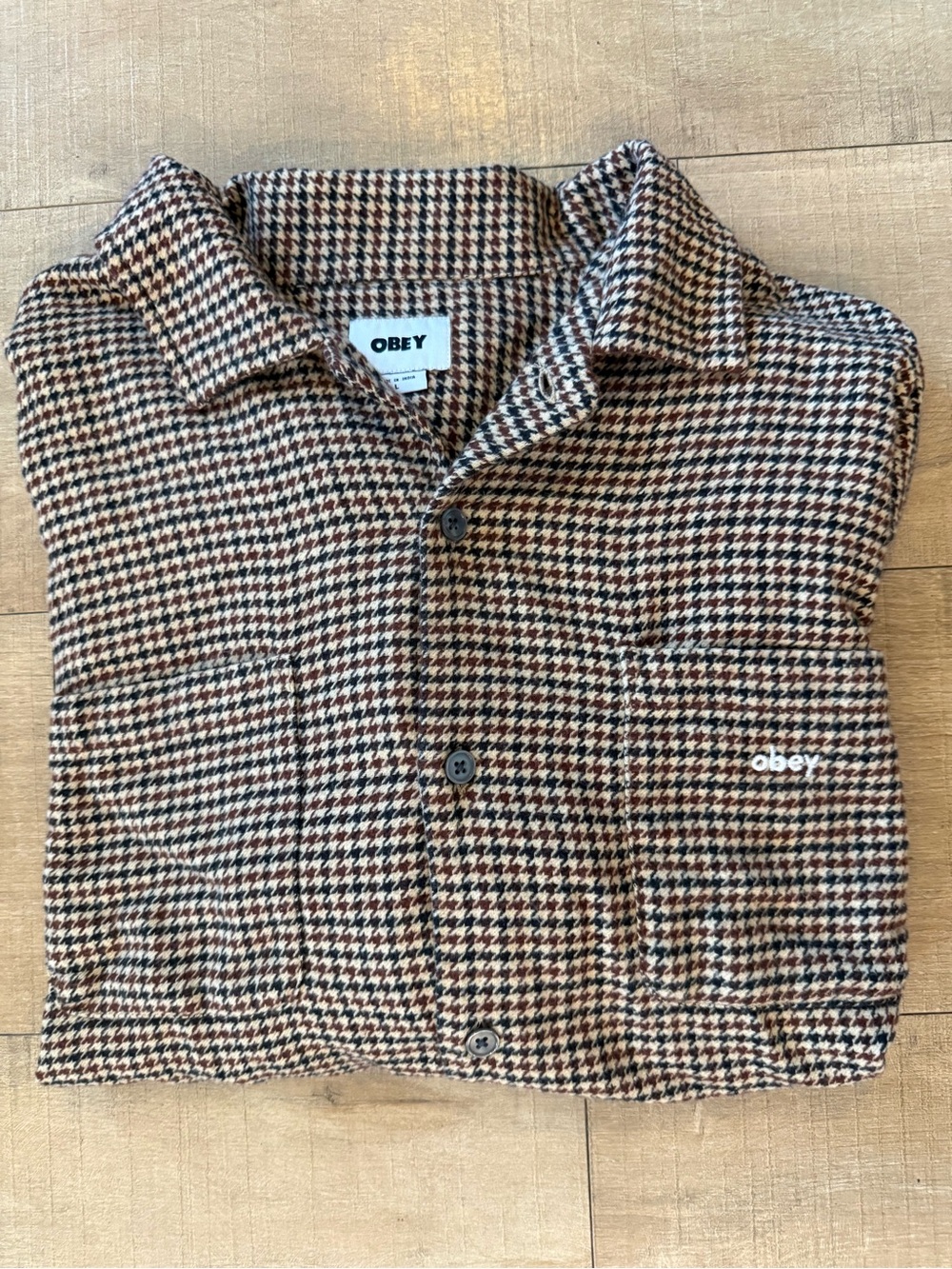 OBEY cotton Flannel Shirt houndstooth Brown Tan Lightweight Retro Logo large